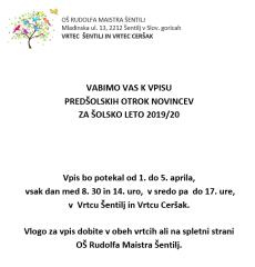 URADNI VPIS V VRTEC ZA ŠOLSKO LETO 2019-20 (VRTEC ŠENTILJ IN CERŠAK)